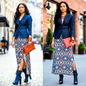 Women’s Geometric Print Maxi Skirt - Blue Multicolor Size M